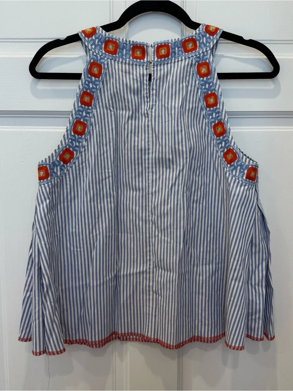 Tory Burch Meg Striped Embroidered Halter Top 6 Blue White Boho Coastal Chic